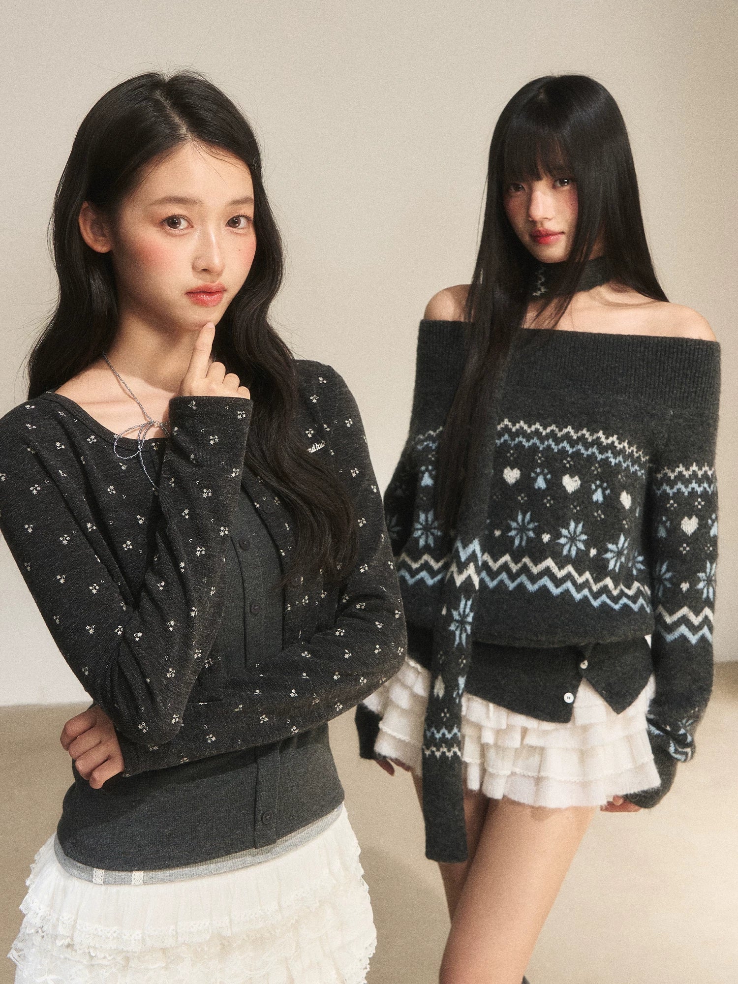 Gray Fair Isle Off-Shoulder Knit Sweater