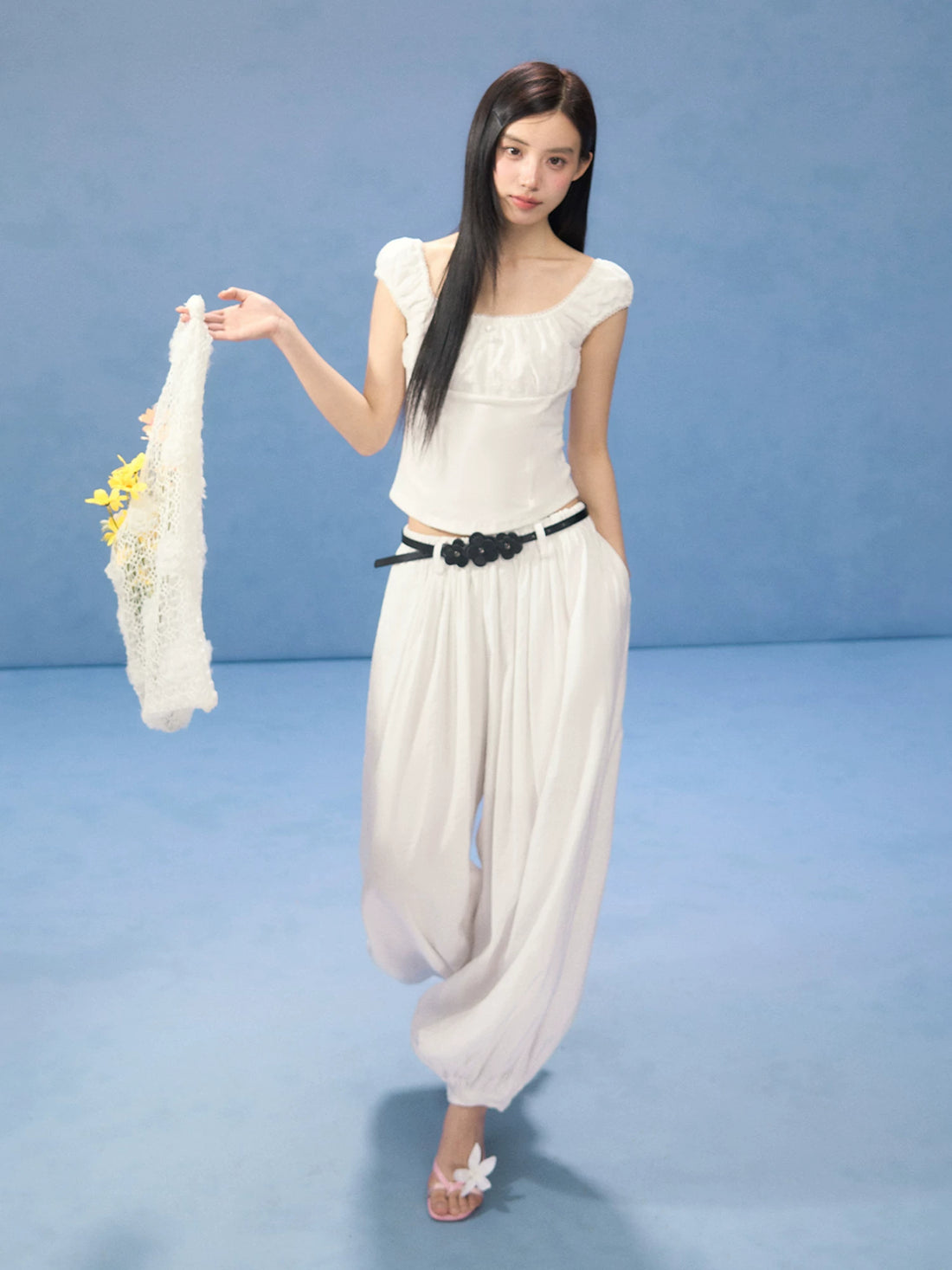 Floral Belt Balloon Wide-Leg Pants