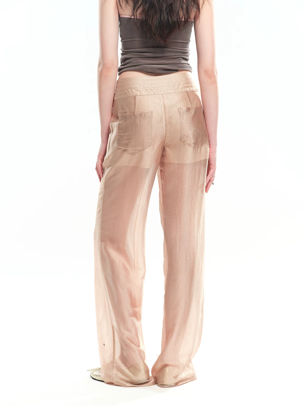 Champagne Acetate Sheer Straight Pants