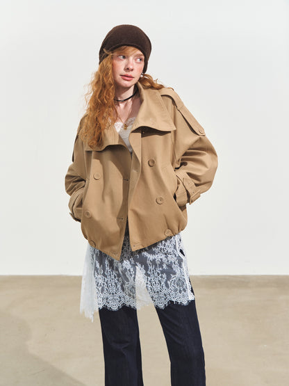 Plaid Lapel Double-Breasted Trench Coat