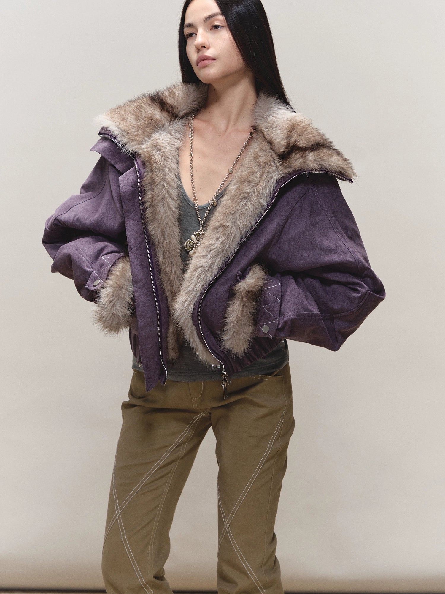 Faux-Suede Fur-Collar Quilted Parka