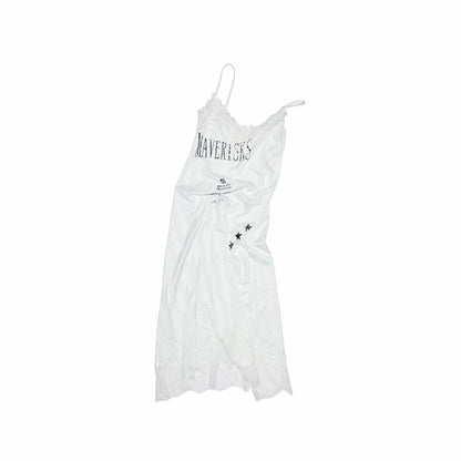 Satin Letter Print Spliced Lace Slip Midi Dress