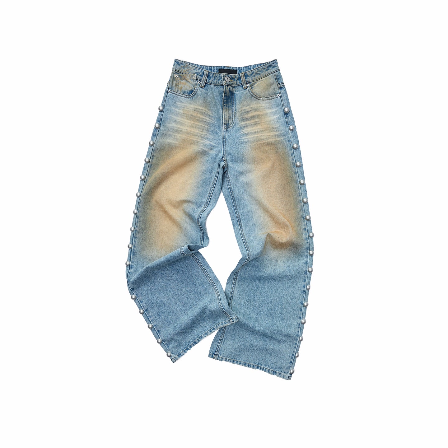 Mud-Dyed Washed Studded Straight-Leg Jeans