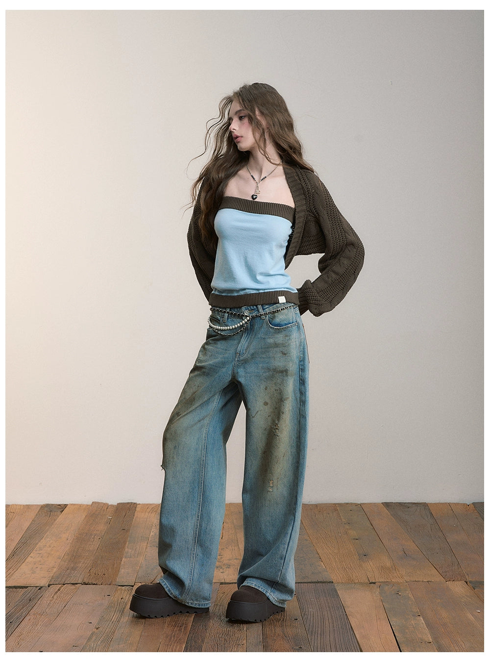 Distressed Wide-Leg Denim Pants