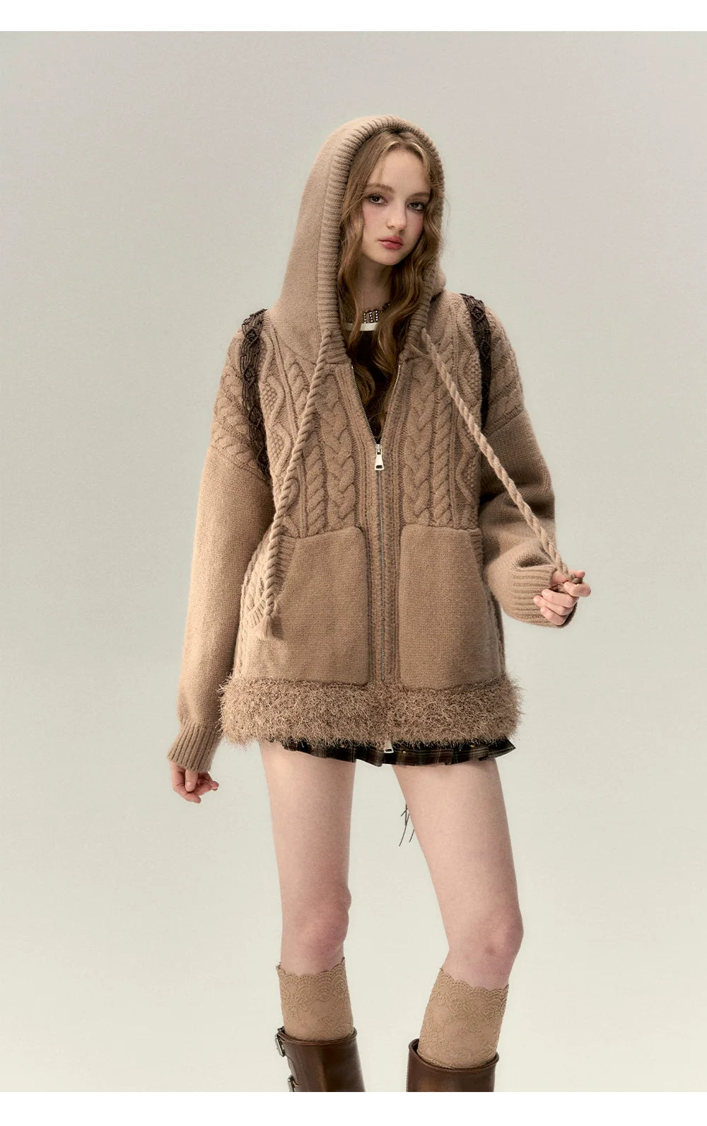 Off-white &amp; Khaki Twisted Knit Hooded Sweater