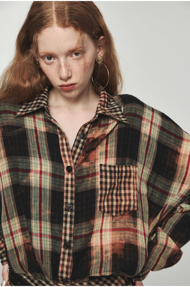 Tie-dye Plaid Shirt &amp; Mini Skirt Set