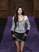 Striped V-Neck Epaulet Long-Sleeve Tee