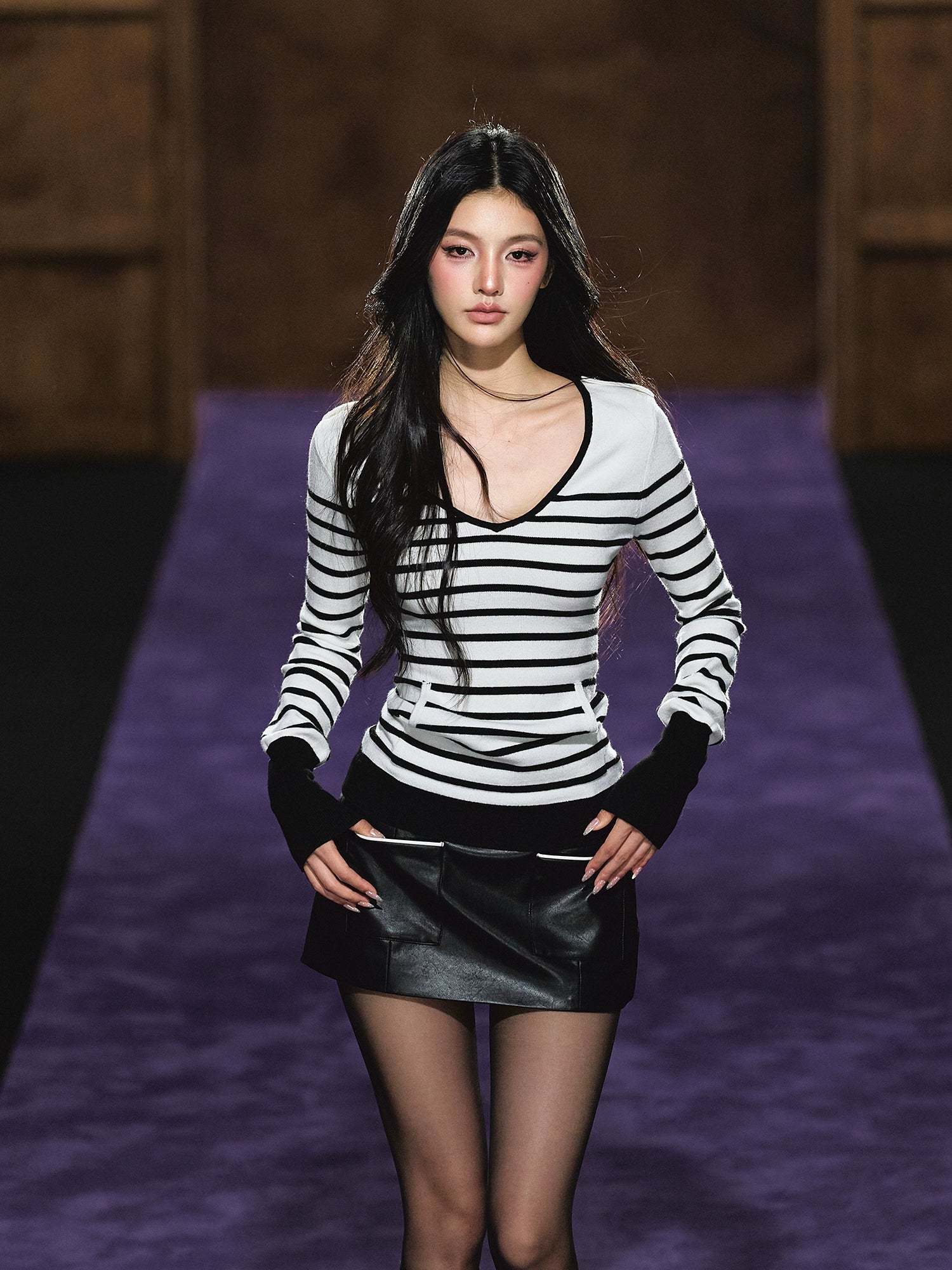 Striped V-Neck Epaulet Long-Sleeve Tee