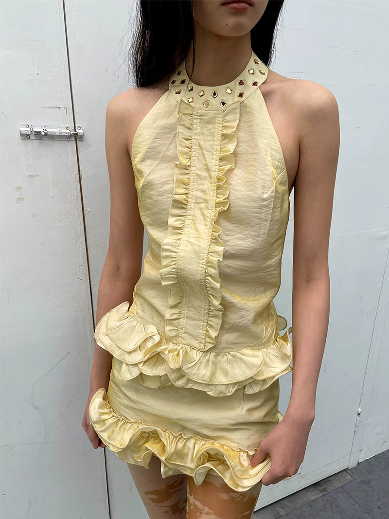 Light Yellow Wave Rhinestones Lace Halter Set