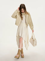 Apricot Lace Ruched Dress