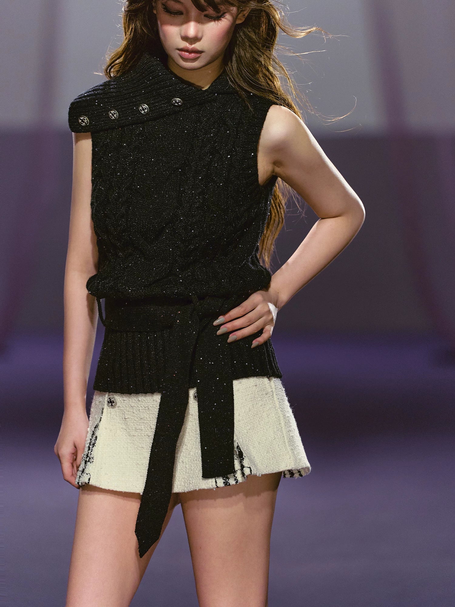 Black Sequin Cable Knit Vest