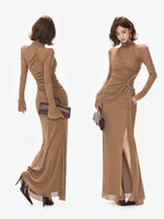 Caramel Ruched Turtleneck Slit Dress