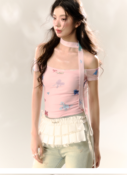 Red Polka Dot &amp; Pink Butterfly Mesh One-shoulder T-shirt