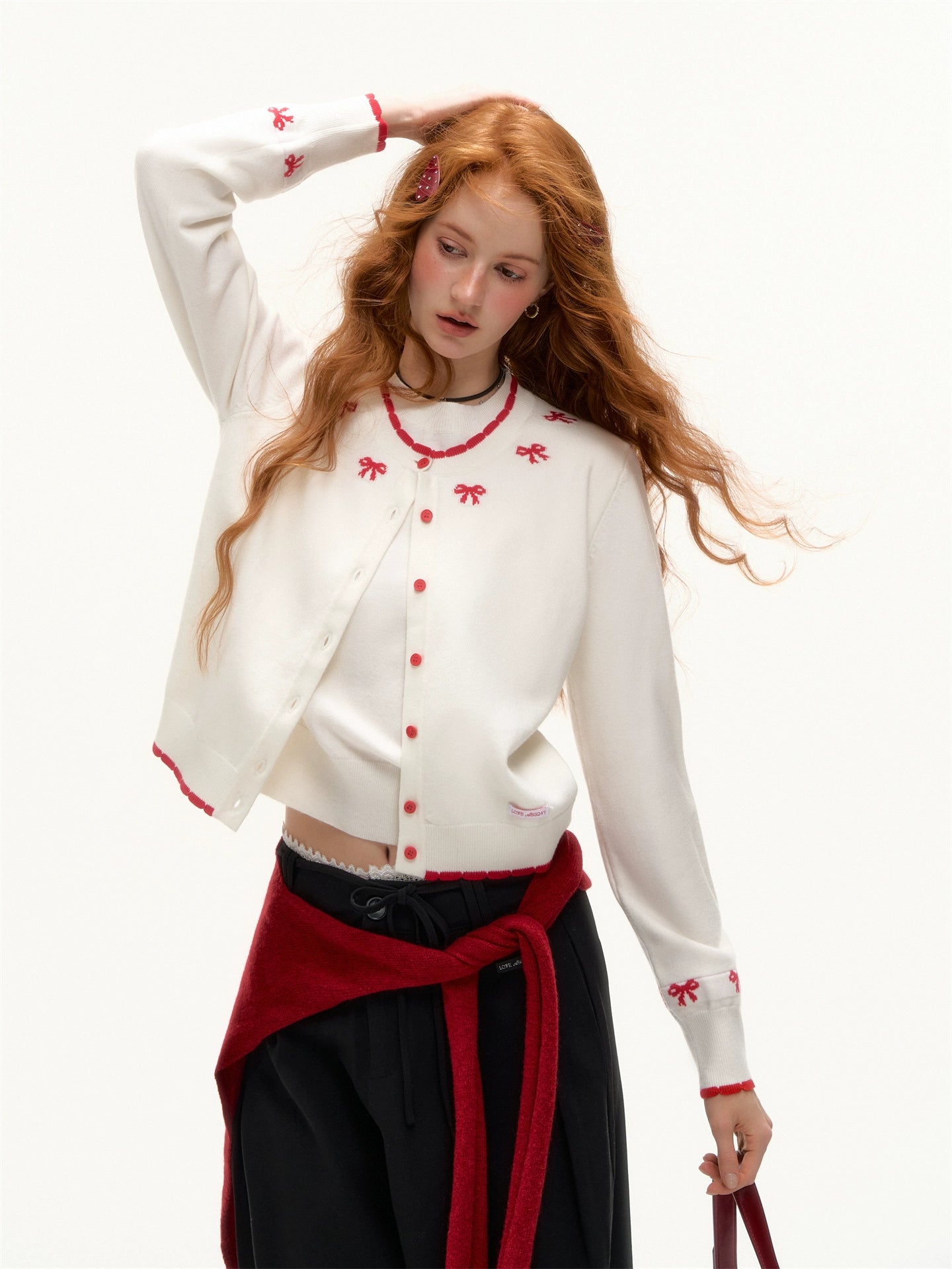Bow Jacquard Contrast Knit Cardigan