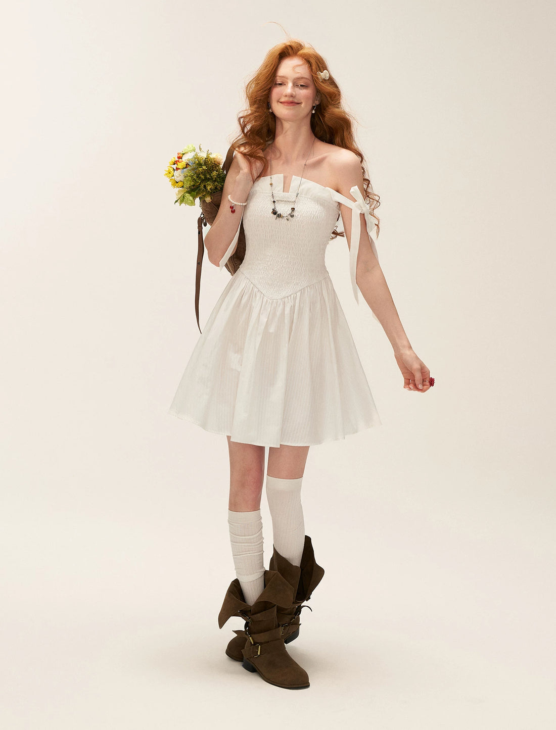 White Striped Ruched Bow Strap Dress