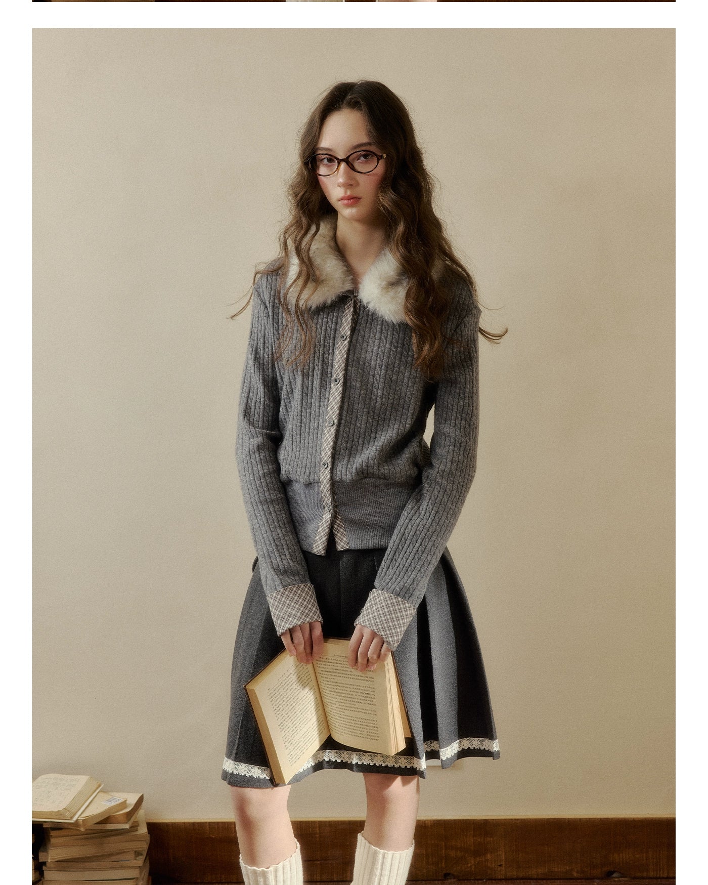 Fur-Collar Plaid Knit Cardigan