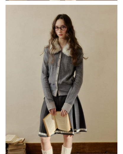 Fur-Collar Plaid Knit Cardigan