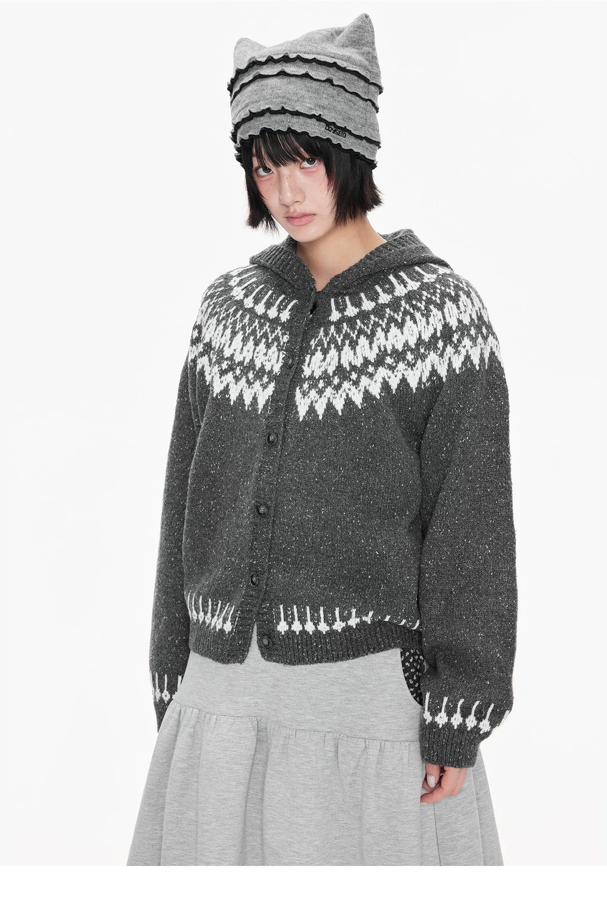 Fair Isle Hooded Knit Cardigan