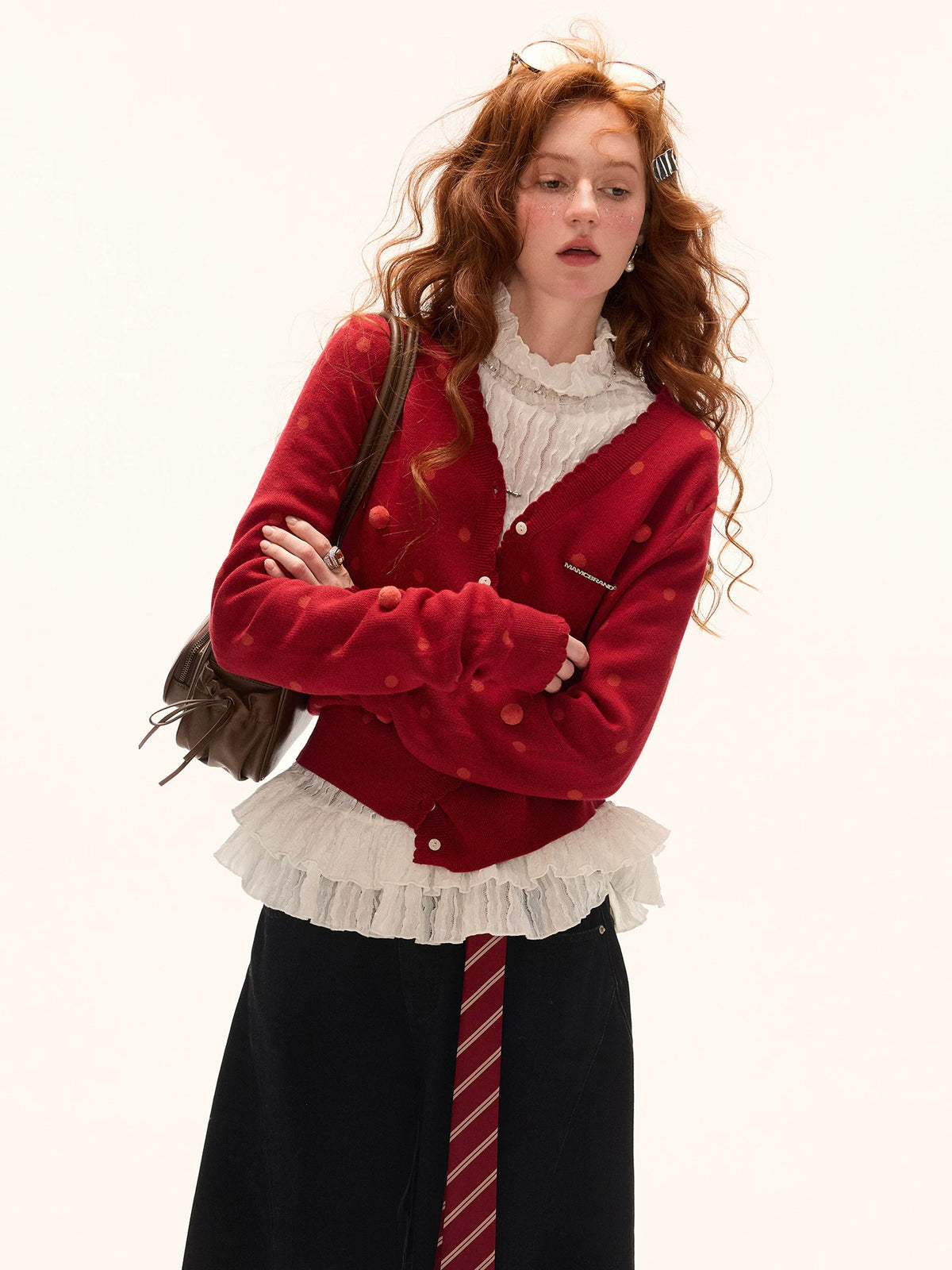 Ruffle High-Neck Slim Long Sleeve Top