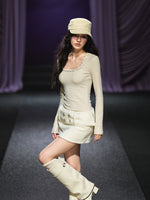 Ribbon Trim Square-Neck Knit Crewneck