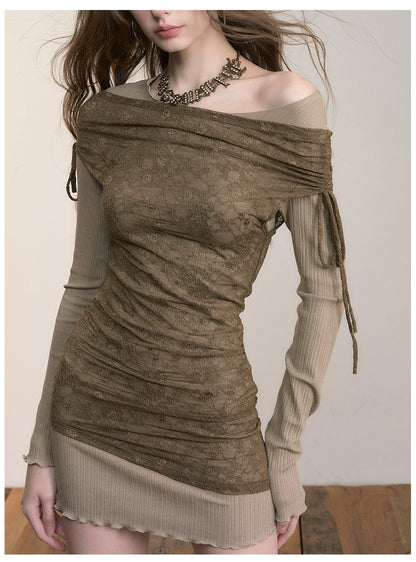 Khaki Colorblock Lace Mini Dress