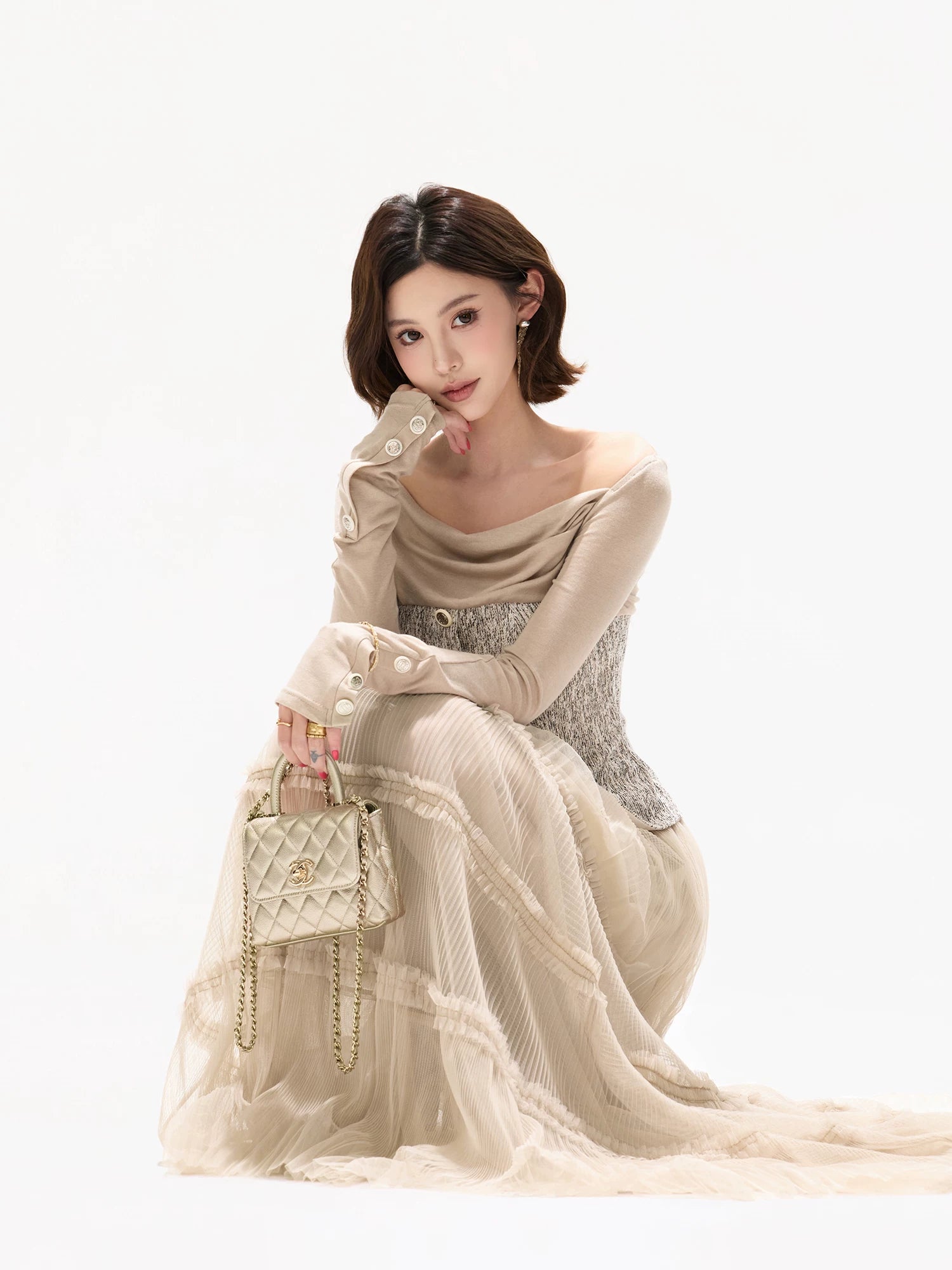 Champagne Pleated Mesh Skirt