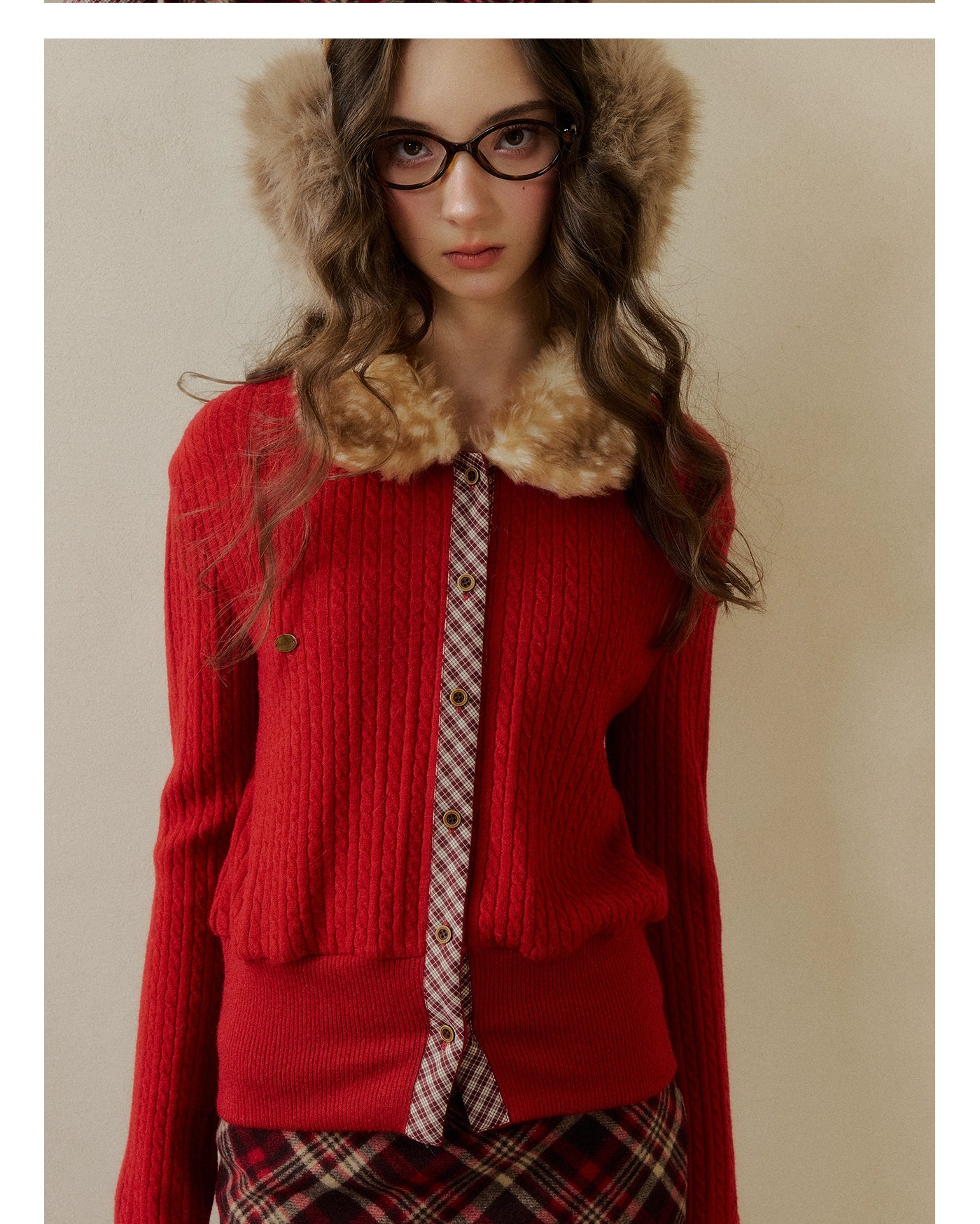 Fur-Collar Plaid Knit Cardigan