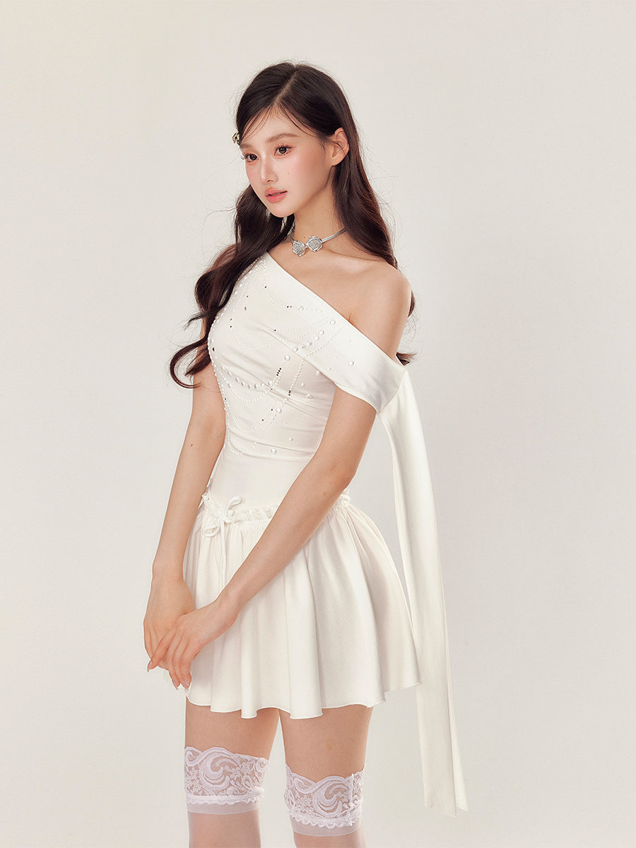 Off-Shoulder Pearl and Rhinestone Puff Dress