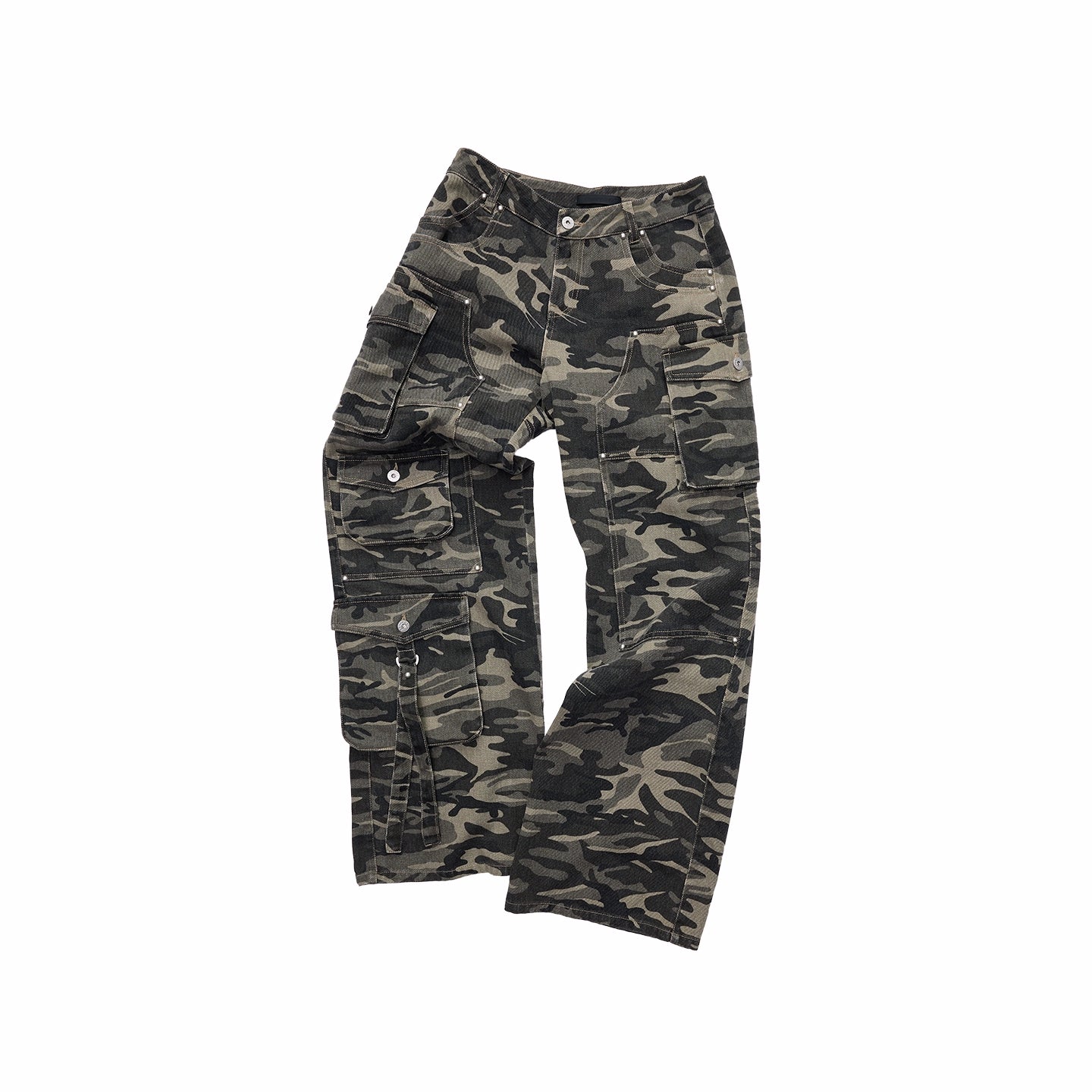 Washed Camo Multi-Pocket Cargo Wide-Leg Pants