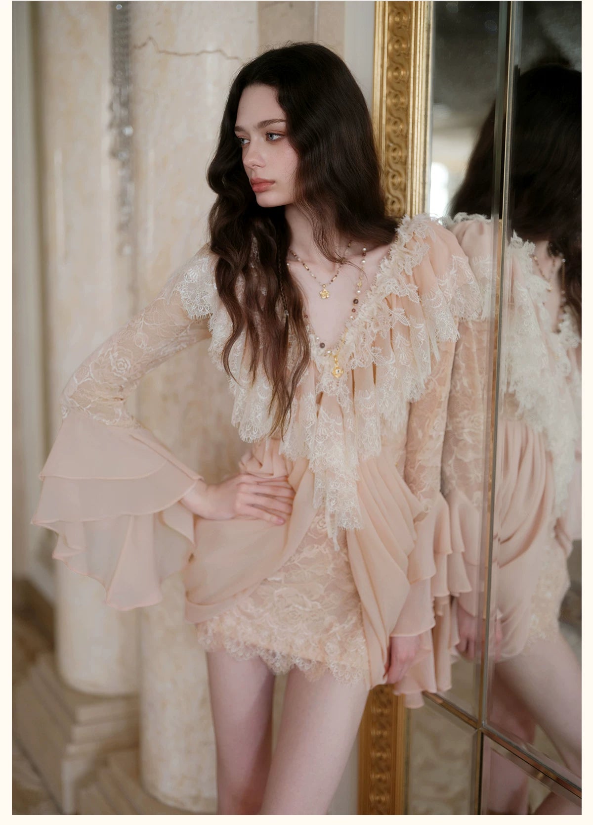 V-Neck Lace Pleated Dress
