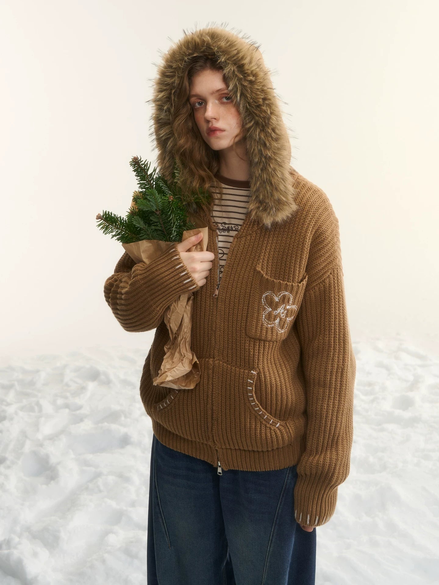 Detachable Faux-Fur Collar Embroidered Hooded Cardigan