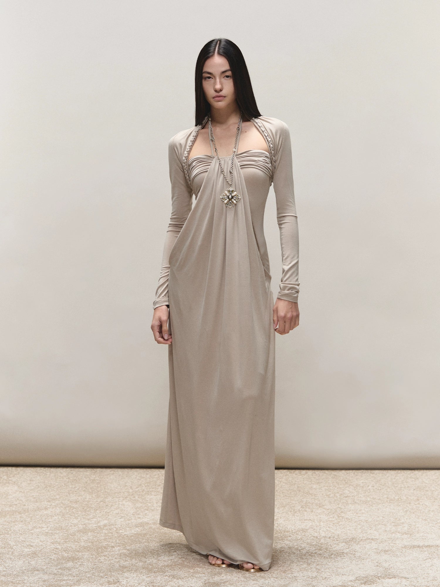 Khaki Lyocell Braided-Halter Ruched Dress Set