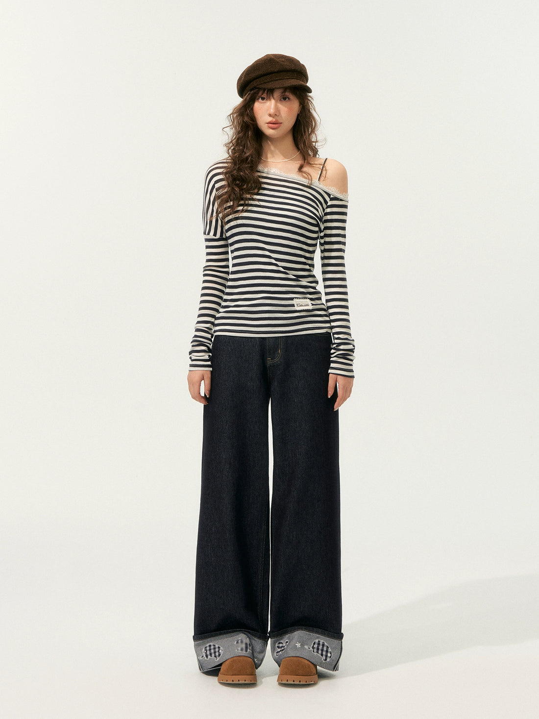 Striped Asymmetric Shoulder Fake Two-Piece T-Shirt