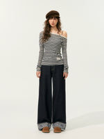 Striped Asymmetric Shoulder Fake Two-Piece T-Shirt