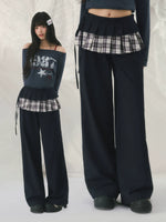 Navy Blue Plaid Panel Straight Pants