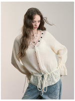 Brown & Off-white Drawstring Knit Cardigan