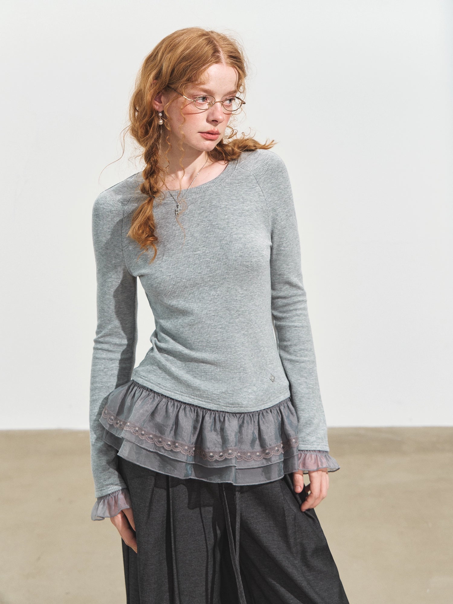 Double-layer Ruffle Raglan Fleece Top