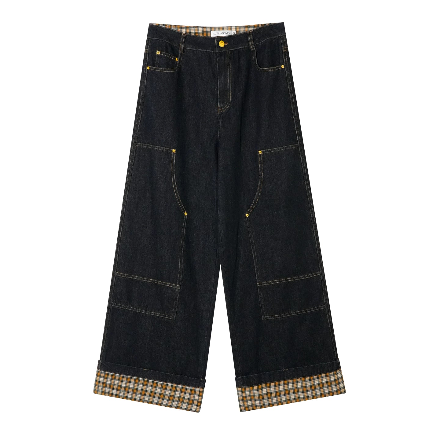 Yellow &amp; Red Plaid Hem Denim Pants