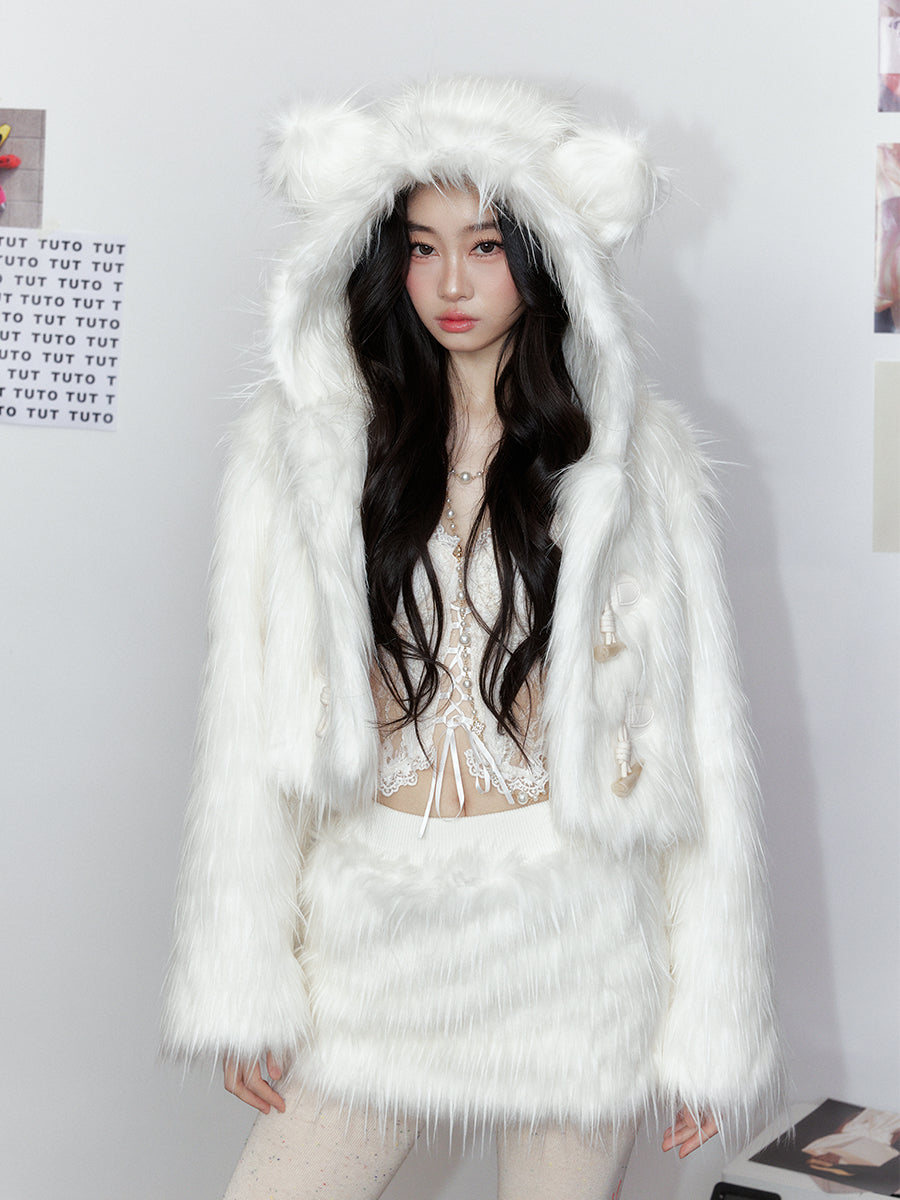 White Hooded Fur Coat