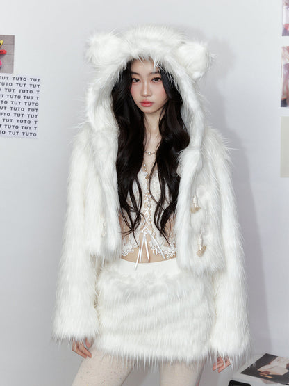 White Hooded Fur Coat
