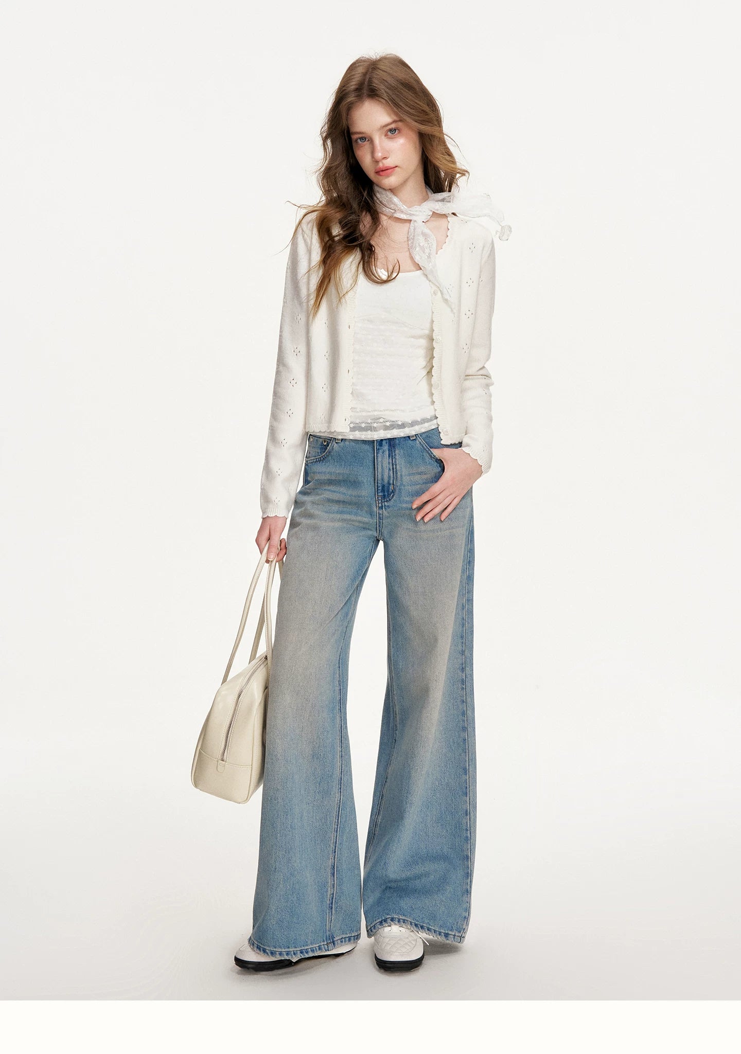 Denim Blue Lace Tie Wide-Leg Jeans