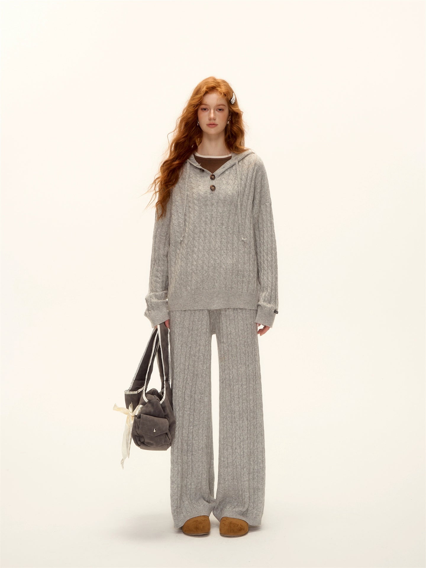 Wool Blend Cable Knit Hoodie and Pants Set