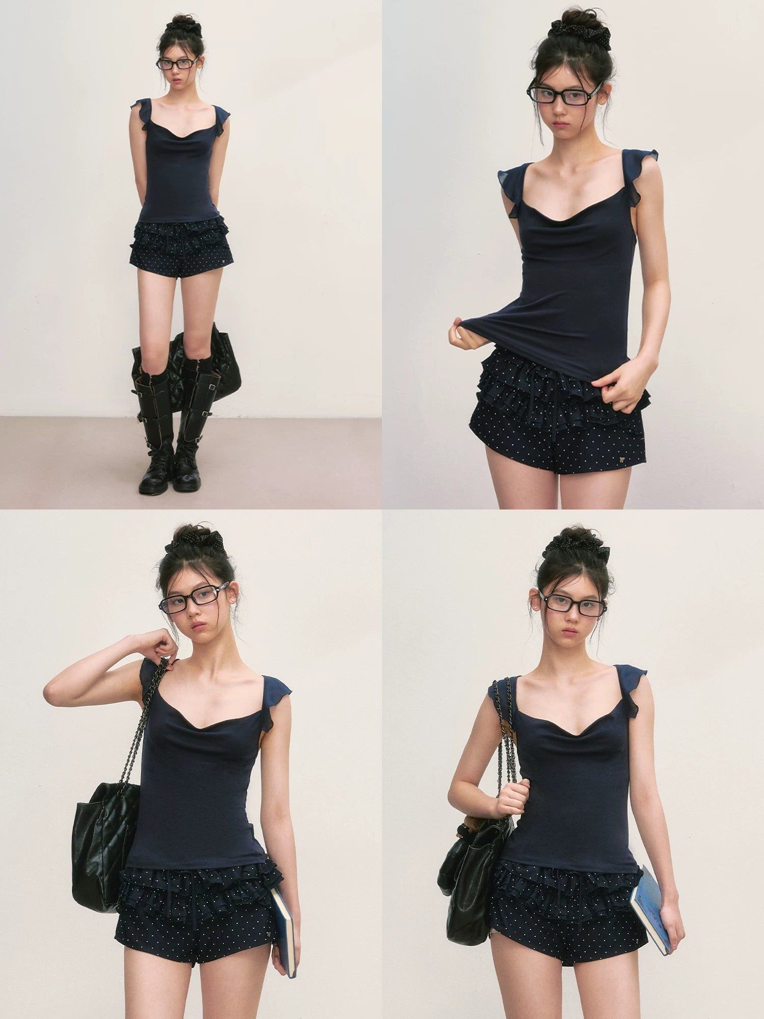 Navy Draped Flutter Sleeve Top