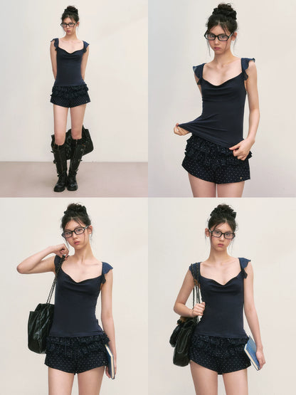 Navy Draped Flutter Sleeve Top