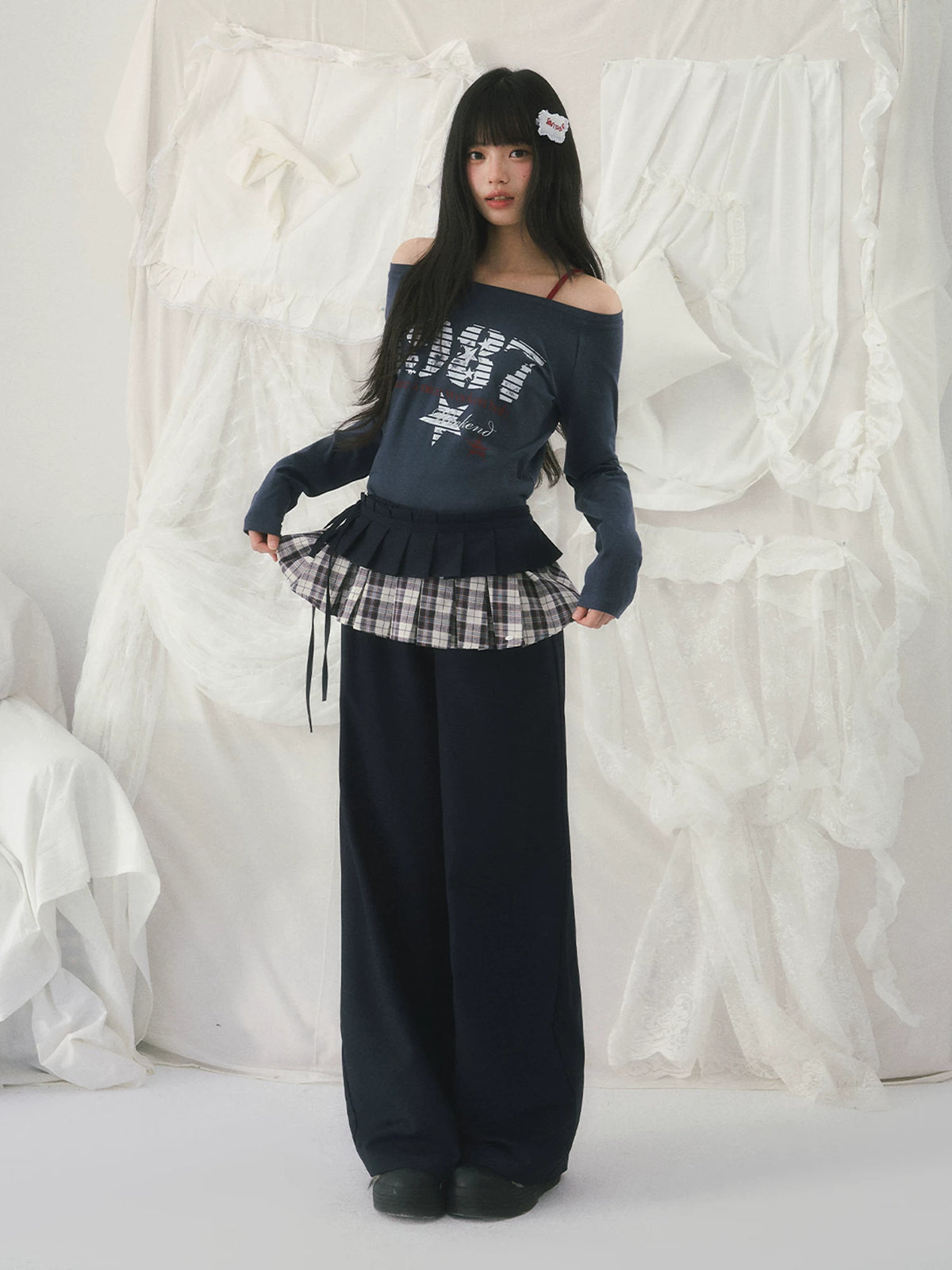 Navy Blue Plaid Panel Straight Pants