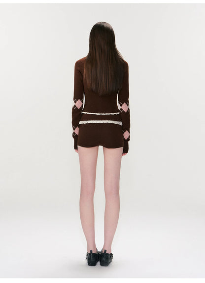 Brown Argyle Knit Set