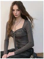 Bow Rhinestone U-neck Blouse