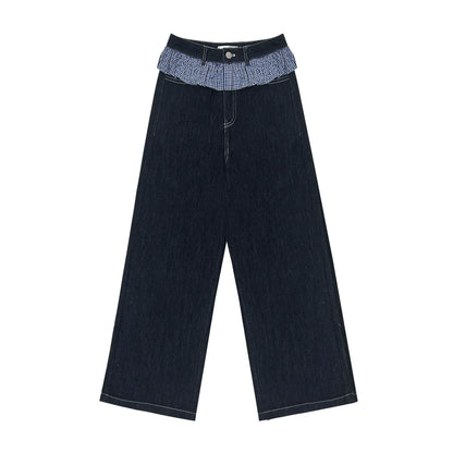 Ruffled Plaid Patchwork Straight Jeans