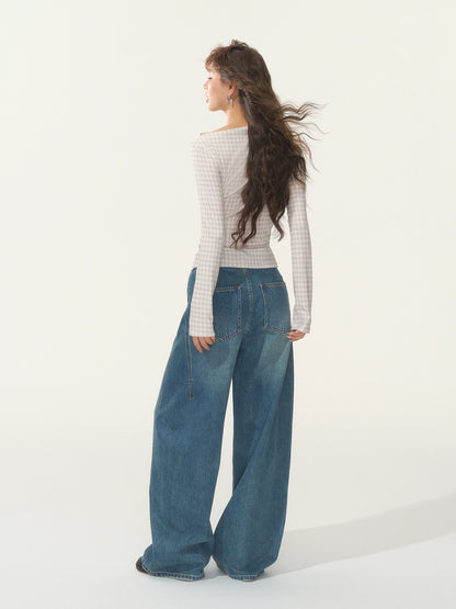 Velvet-Touch Plaid Draped Off-Shoulder Long Sleeve