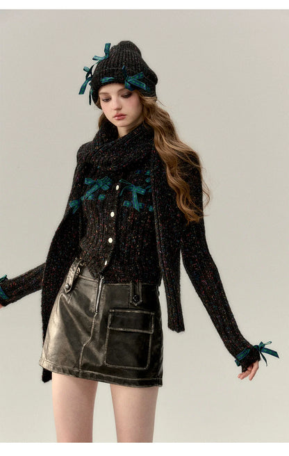 Red &amp; Black Bow Decorated Knit Cardigan